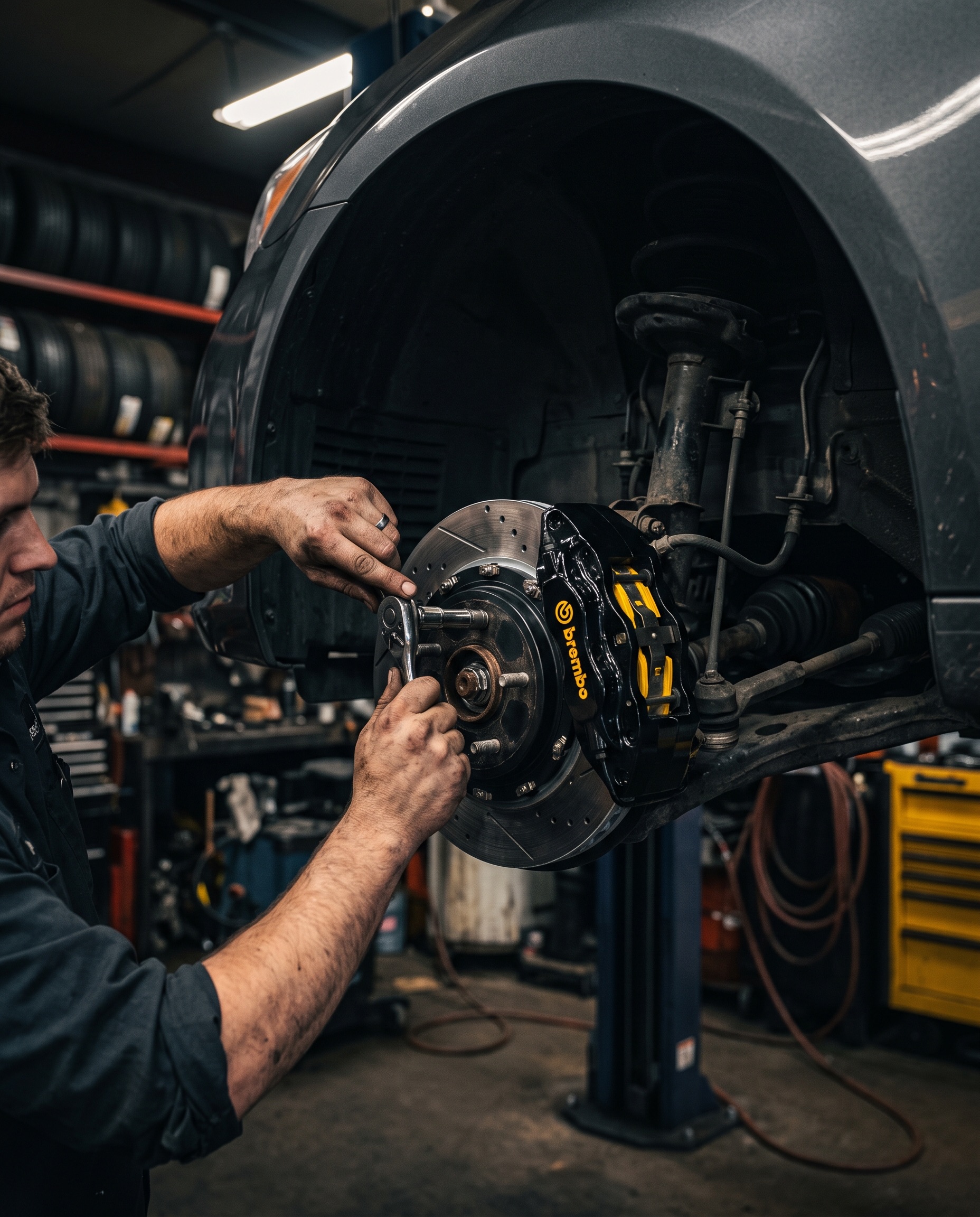Technician installing a brake rotor and caliper