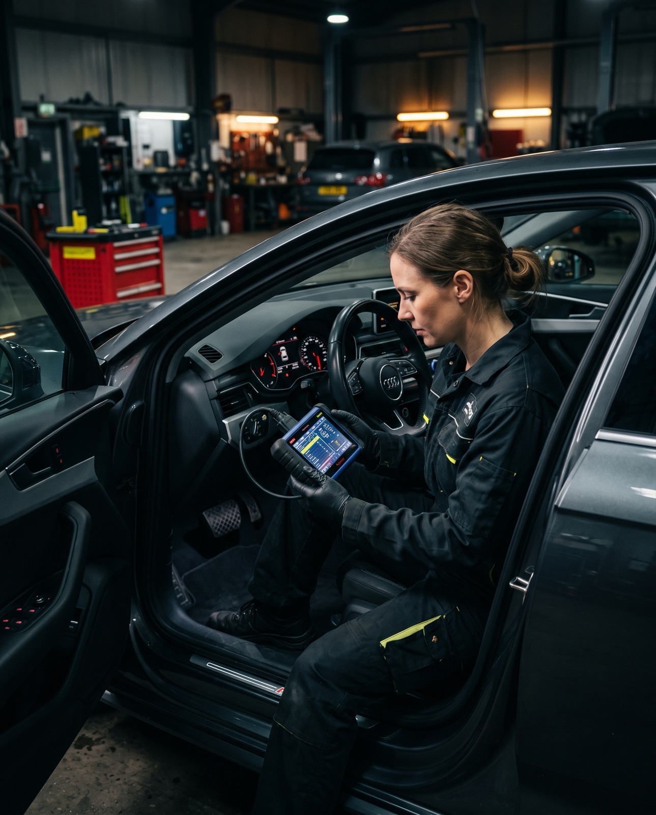 Technician running a diagnostic scan tool