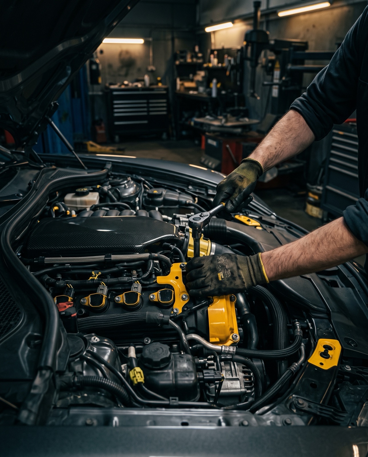 Mechanic working inside an engine bay