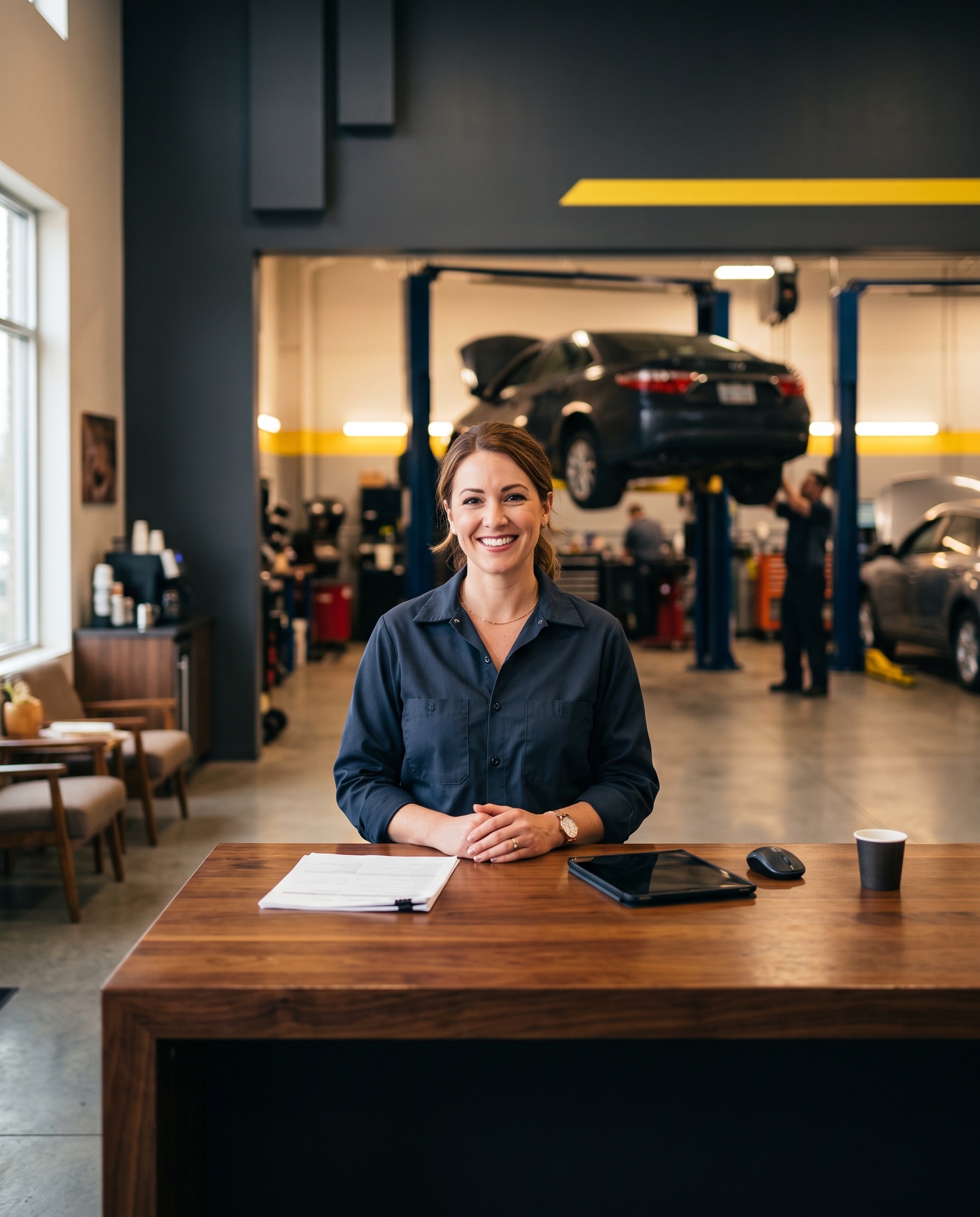 A service advisor greeting a customer at the Peak Auto front desk