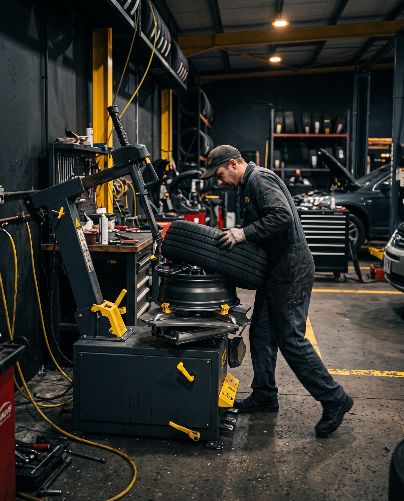Technician mounting and balancing a new tire on the tire machine