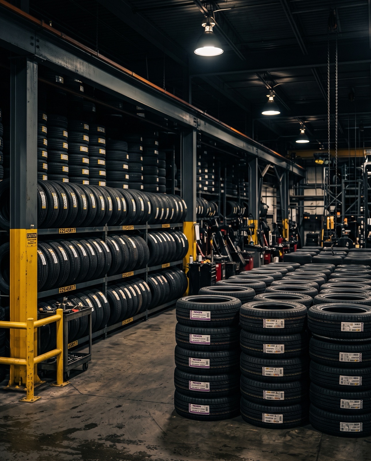Rows of new tires in stock at Peak Auto Care