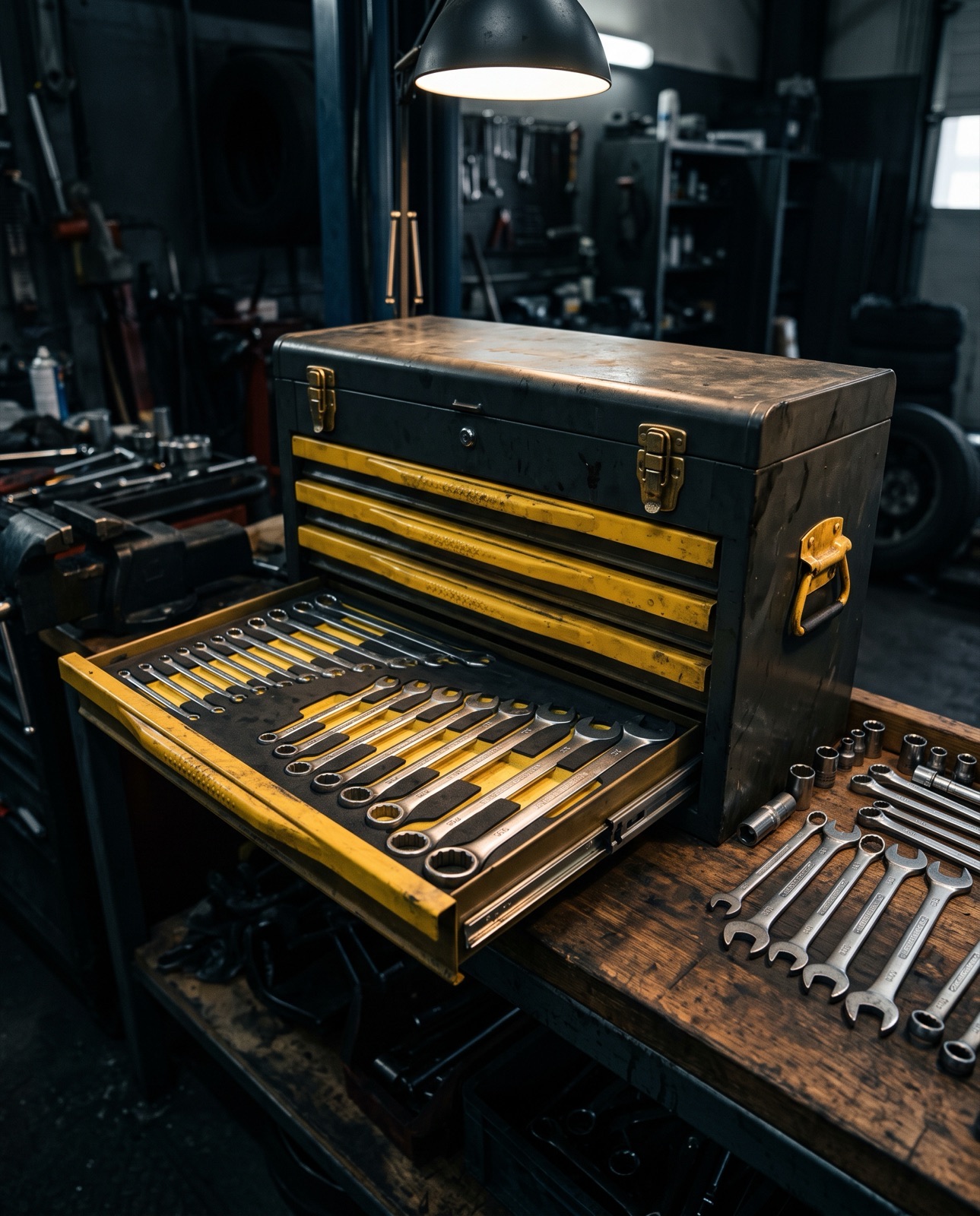 Organized professional tool chest and wrenches in the Peak Auto garage
